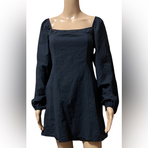 Free People A-line Linen Mini Dress Long Balloon Sleeves Black Small NWoT - Picture 1 of 11